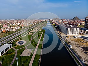 Drone view to the part of Afyon city and Akcaray river in Turkey during sunset time