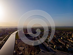 Drone view to the part of Afyon city and Akcaray river in Turkey during sunset time