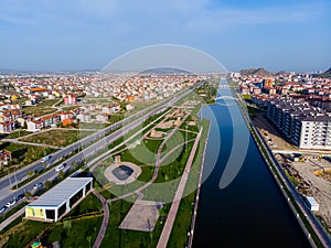 Drone view to the part of Afyon city and Akcaray river in Turkey during sunset time