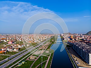 Drone view to the part of Afyon city and Akcaray river in Turkey during sunset time