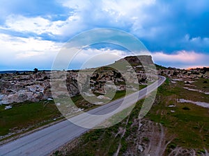 Drone view to the rocky landscape of phrygian valley in Turkey