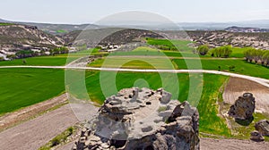 Drone view to the rocky landscape of phrygian valley in Turkey