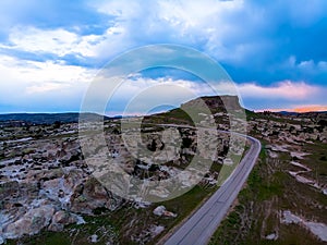 Drone view to the rocky landscape of phrygian valley in Turkey