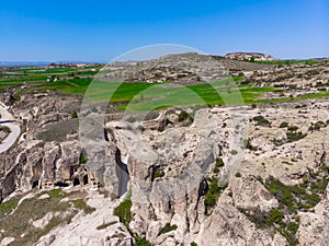 Drone view to the rocky landscape of phrygian valley in Turkey