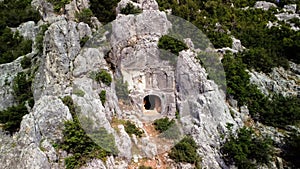 Drone view on tomb reveals ancient archaeology and culture. Video shows tomb from above, capturing ruined architecture