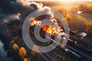 Drone view Train derailed exploding with fire and smoke. Generative AI illustration