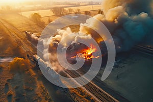 Drone view Train derailed exploding with fire and smoke. Generative AI illustration
