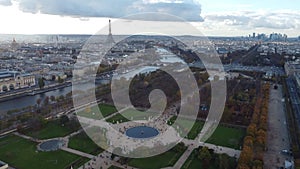 Drone view of the Tuileries Garden and the River Seine with a panorama of Paris