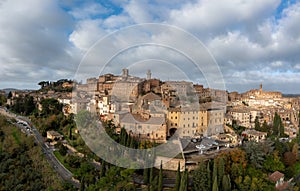 drone view of the Tuscan hilltop village and wine capital of Montepulciano