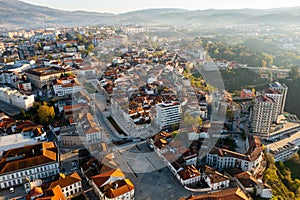 Drone view of Vila Real in valley framed by mountains, Portugal