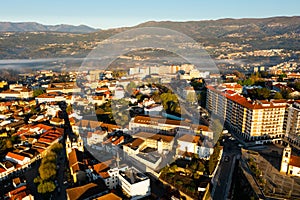 Drone view of Vila Real in valley framed by mountains, Portugal