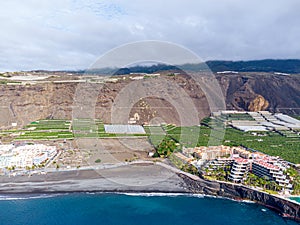 Drone view on volcanic beach in Puerto Naos, La Palma