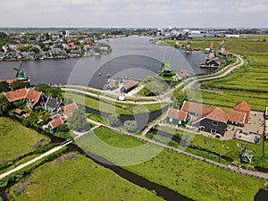 Drone view at the Windmills of Zaanse Schans near Amsterdam on Holland