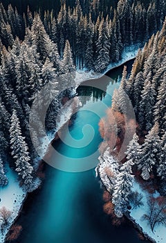 Drone view of winter landscape with pine forest covered with snow and mountain lake. Snowy fir tree in beauty nature scenery from