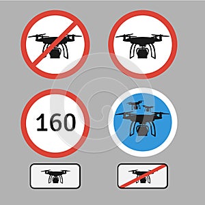 Drone warning sign. Vector set of different warning and forbidde