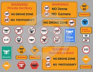 Drone warning sign. Vector set of different warning