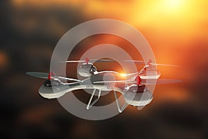 Drone, white quadrocopter against the sky with copy space. The concept of technology, robotization, computerization. 3D render,