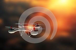 Drone, white quadrocopter against the sky with copy space. The concept of technology, robotization, computerization. 3D render,