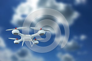 Drone, white quadrocopter against the sky with copy space. The concept of technology, robotization, computerization. 3D render,