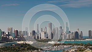 Drone wide view of Chicago downtown skyline on sunny day