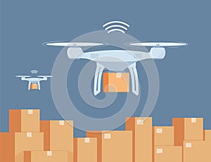 Drone working in modern warehouse. Robotics technology concept, fast delivery, artificial intelligence. Vector illustration