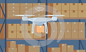 Drone working in modern warehouse. Robotics technology concept, fast delivery, artificial intelligence. Vector illustration