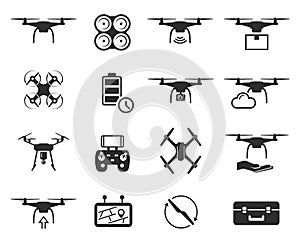 Drones black icon set, helicopter technology and aircraft