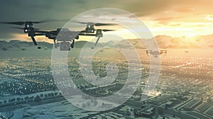 Drones Flying Over Urban Landscape at Dusk