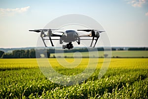 Drones flying over vast agricultural fields, advanced farming techniques
