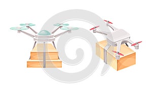 Drones flying with package box set. Modern delivery service technology vector illustration