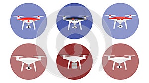 Drones icons with unmanned aircrafts of different purpose police, medic, fire, delivery etc. vector illustration.