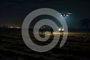 Drones at night flying over vast agricultural fields, advanced farming techniques