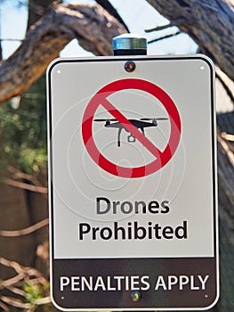 Drones Prohibited, Penalties Apply, Sign