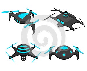 Drones set. Different quadcopters, flying gadget with camera. Military or delivery devices. robotic technologies. Aerial