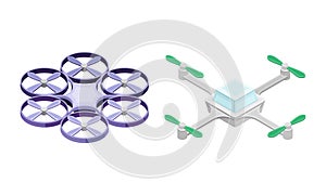 Drones set. Quadcopter, multicopter modern wireless devices isometric vector illustration