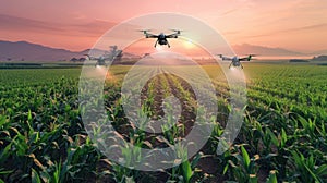 Drones Spraying Cornfield at Sunrise.AI generated image