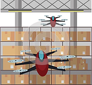 Drones in warehouse cartoon