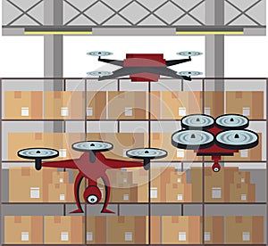 Drones in warehouse cartoon