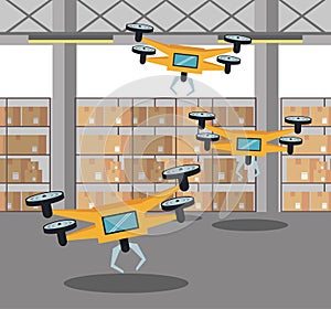 Drones in warehouse cartoon
