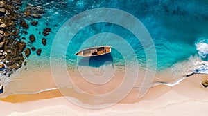 droneview on paradisian caribbean beach with turquoise water and palm trees and a single wooden boat