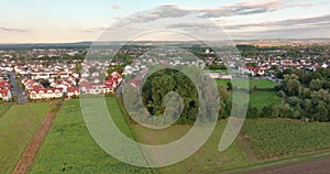 Dronie over the small town of Dieburg near Darmstadt in southern Hesse at sunset