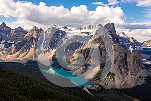 Dronl view of Louise Lake in Banff National Park, Canada, Ten Peaks Valley. Inspirational photo