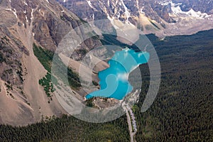 Dronl view of Louise Lake in Banff National Park, Canada, Ten Peaks Valley. Inspirational photo