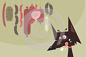 Drooling dog and sausages photo