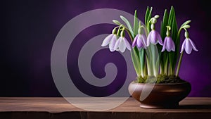 drooping purple flowers in wooden bowl on wooden surface against dark purple background. concepts: floral catalogs