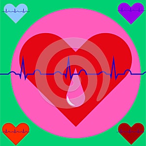 A drop of blood on the background of the heart and ECG