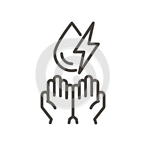 Drop and bolt symbols with hands. Vector thin line icon linear stroke outline illustration. Electricity and water, renewable