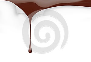 Drop of chocolate trickling through a hole in a sheet of paper