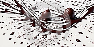 A drop of dark chocolate on a white background Swirl flow of a wave of chocolate with drops.