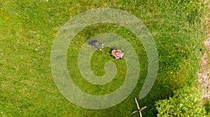 Drop down view of a person mowing lawn.